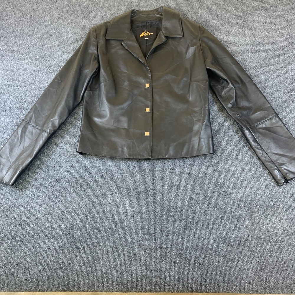 Neto Leather Jacket Womens 4 Black Good Cropped Button Front Long Sleeve